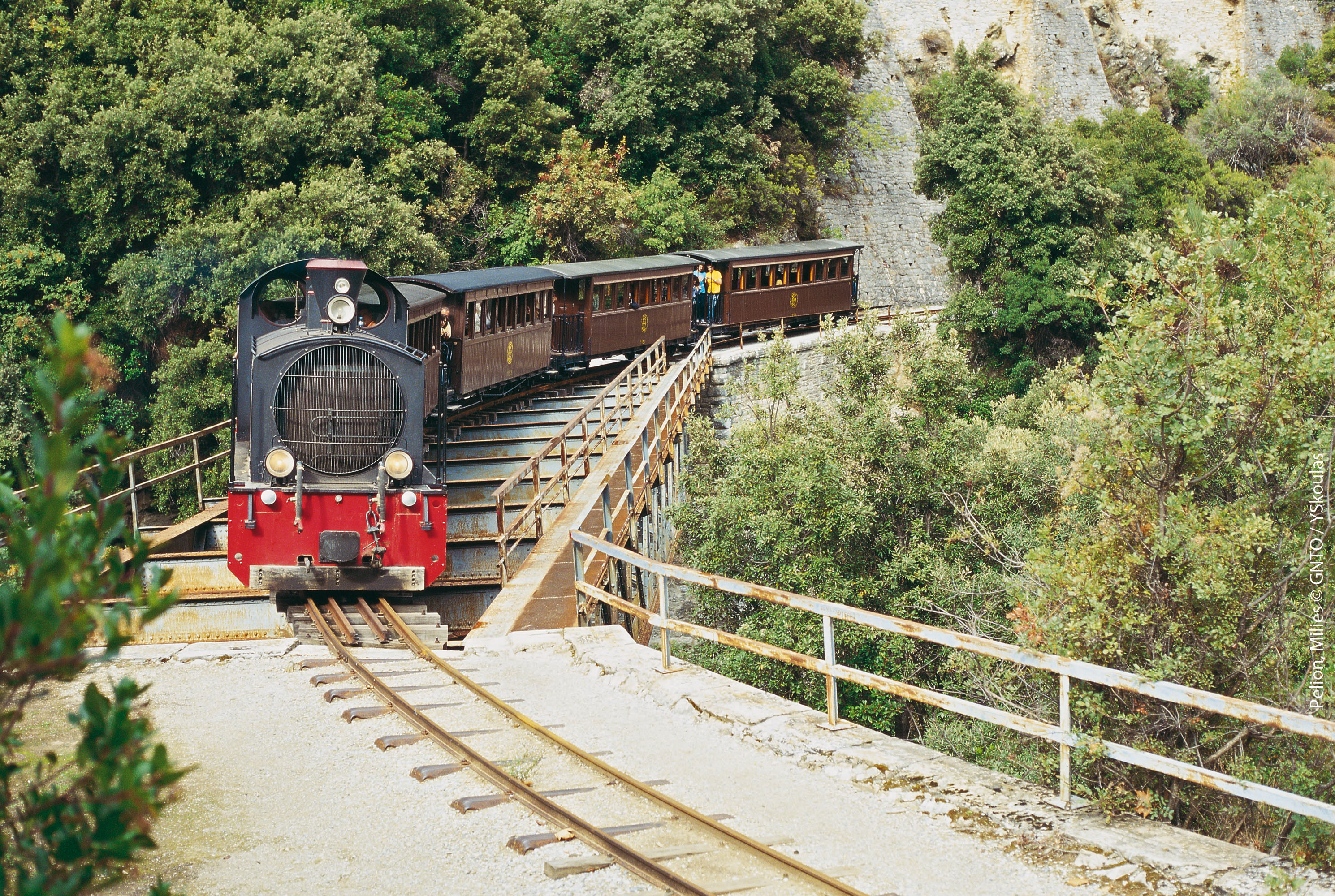 The Moutzouris narrow-gauge train arriving at Milies terminus, Pelion